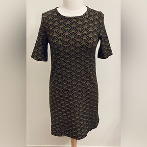 LOFT Black Gold Art Deco Fan Print SZ S 1920s-Inspired Gatsby Style Mini Dress